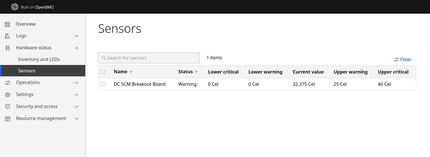 OpenBMC WebUI with added sensor