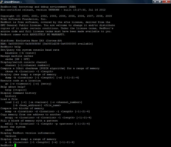 RedBoot on the ZX3 Zynq module